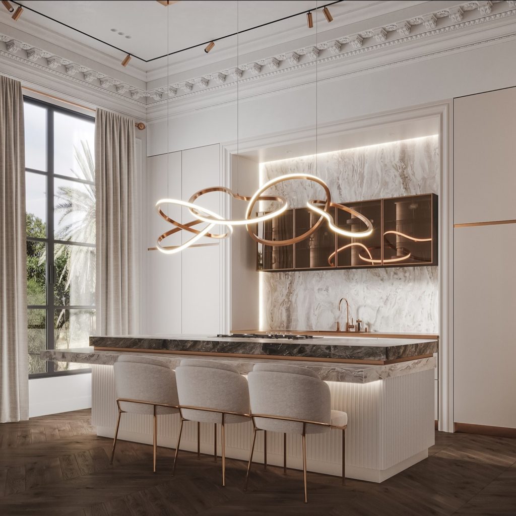 Modern luxury kitchen with high ceilings, a marble island, hanging light fixtures, three beige stools, and a large window with curtains. Earth-toned palette with wood flooring and marble backsplash crafted by a renowned kitchen renovation company.