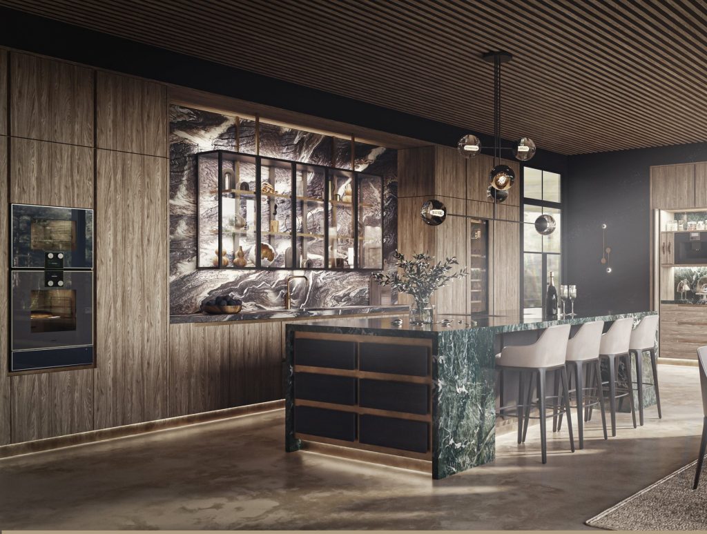 Luxury kitchen featuring wood-paneled cabinetry, marble backsplash, island with green marble countertop and gray chairs, hanging pendant lights, and integrated appliances. Perfect for those seeking a high-end feel crafted by a top kitchen renovation company.